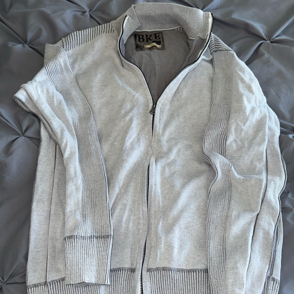 BKE Buckle Sweater Mens Large XL Blue Full Zip Cotton Sweatshirt Collared - Slim